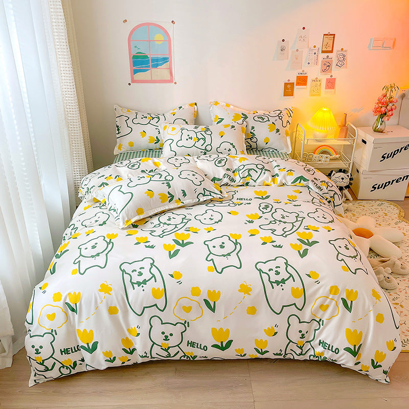 Cute white bedding with bear illustrations and yellow flowers