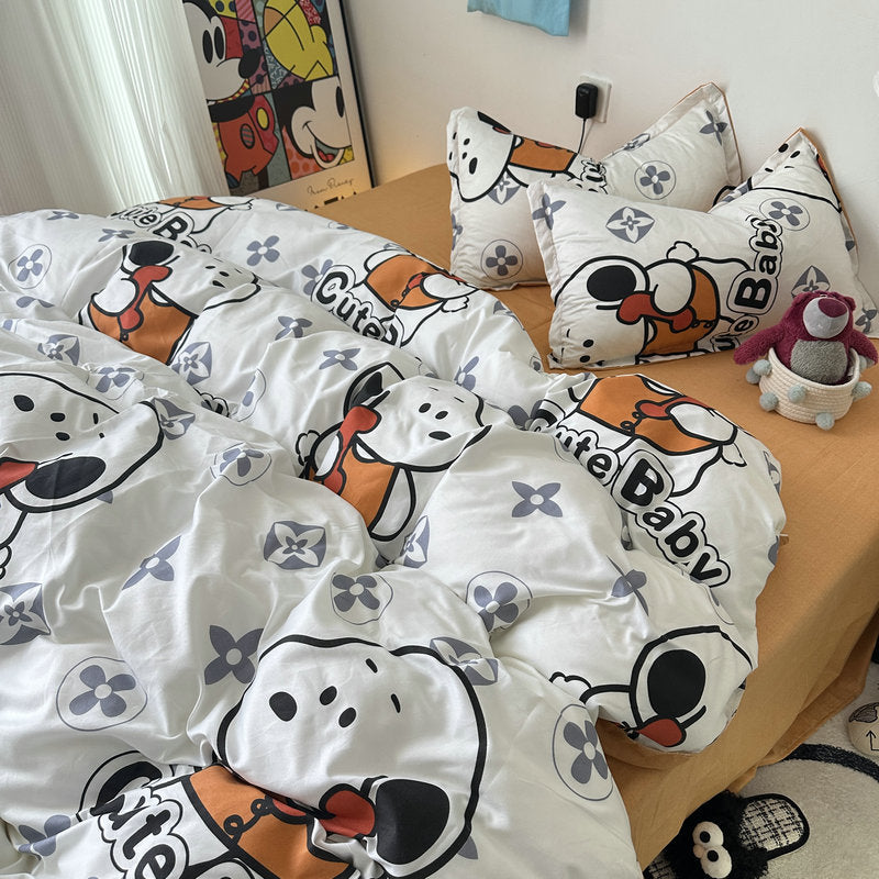 White bedding set with cartoon dog print and playful decor