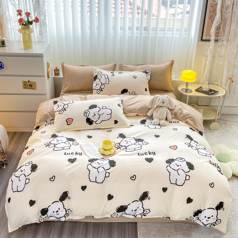 Cute white bedding set with dog prints, hearts, and teddy bear