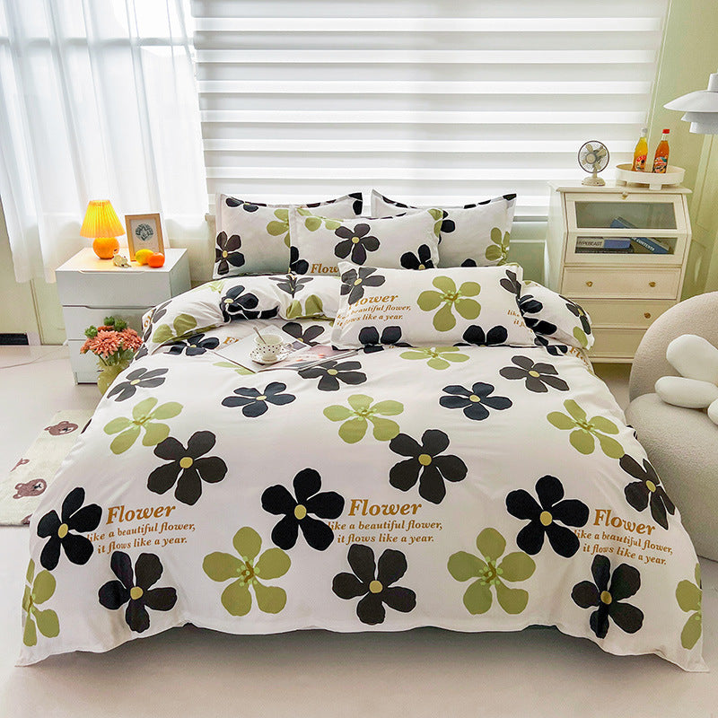 Floral white bedding set with black and green flowers