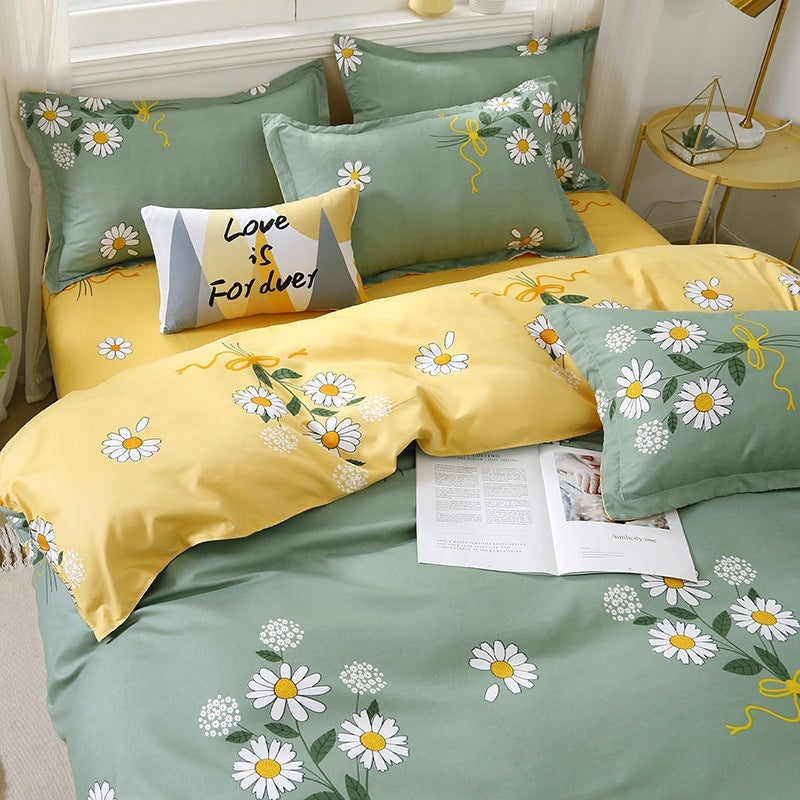 Floral bedding set with yellow and green colors featuring daisy patterns