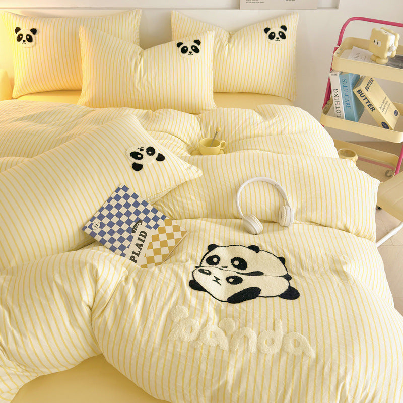 Cozy yellow striped bedding set with embroidered panda design