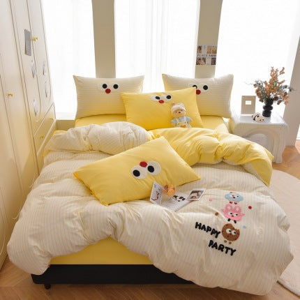 Yellow striped bedding set with fun character and party design