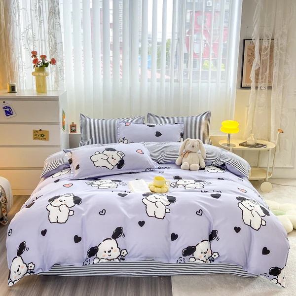 Cute light purple bedding set with playful dog illustrations