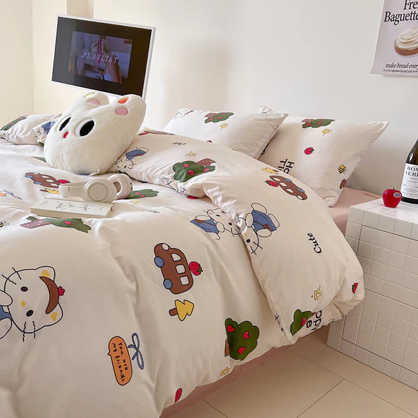 Soft white bedding set with adorable cartoon characters and trees
